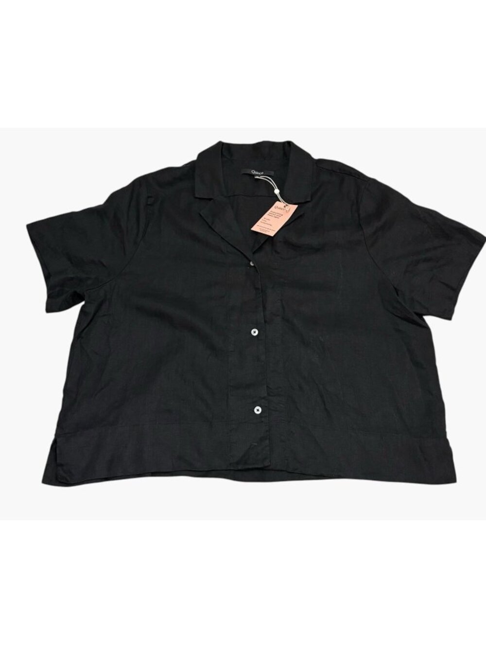 Quince Womens 100% Organic Linen Short Sleeve Shirt Black XL Button Down Boxy